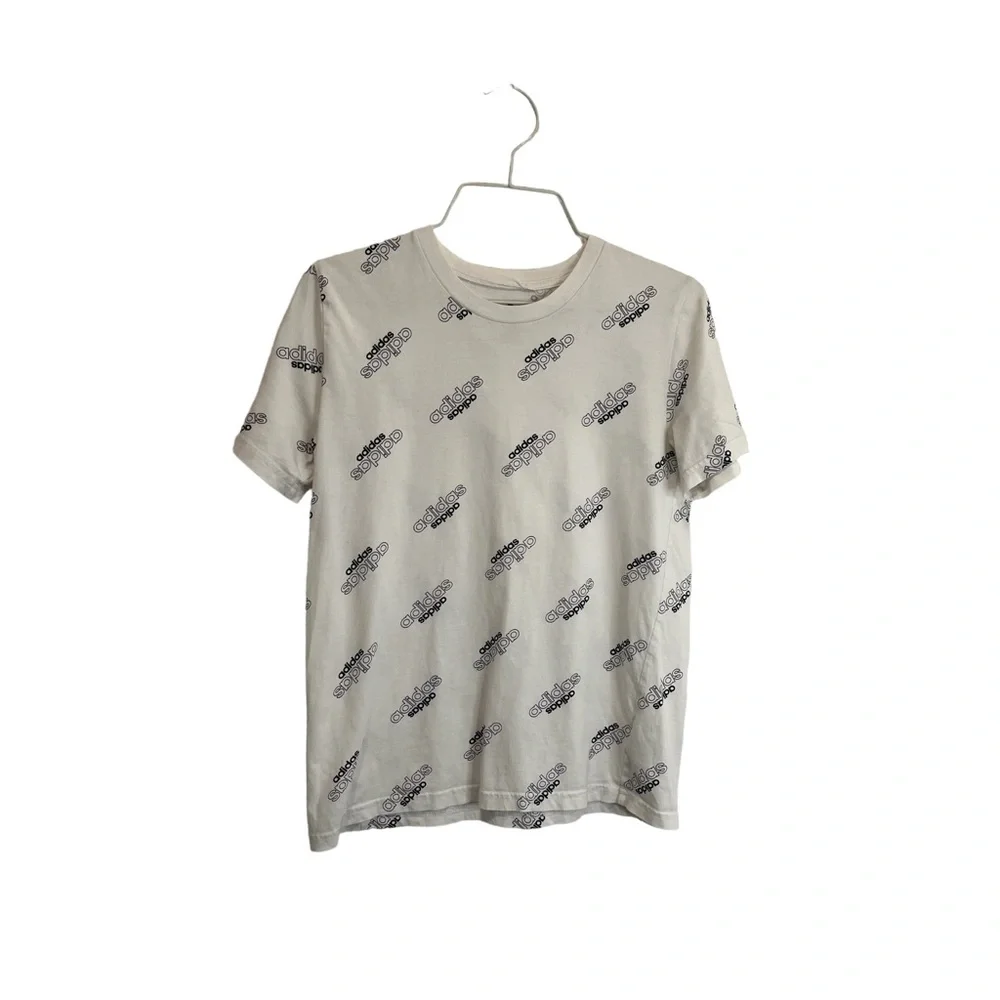 Adidas All Over Print Logo Graphic Short Sleeve White Black Tee Youth Size 10/12